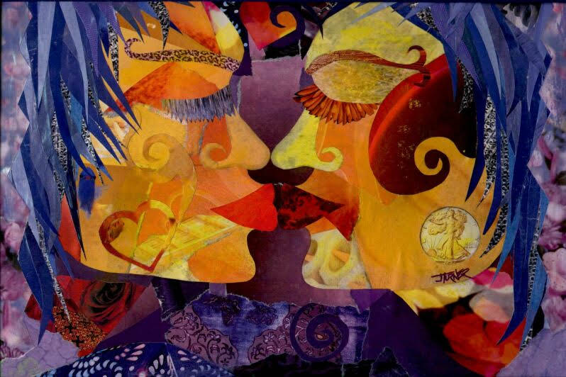 colorful collage of two faces kissing in profile