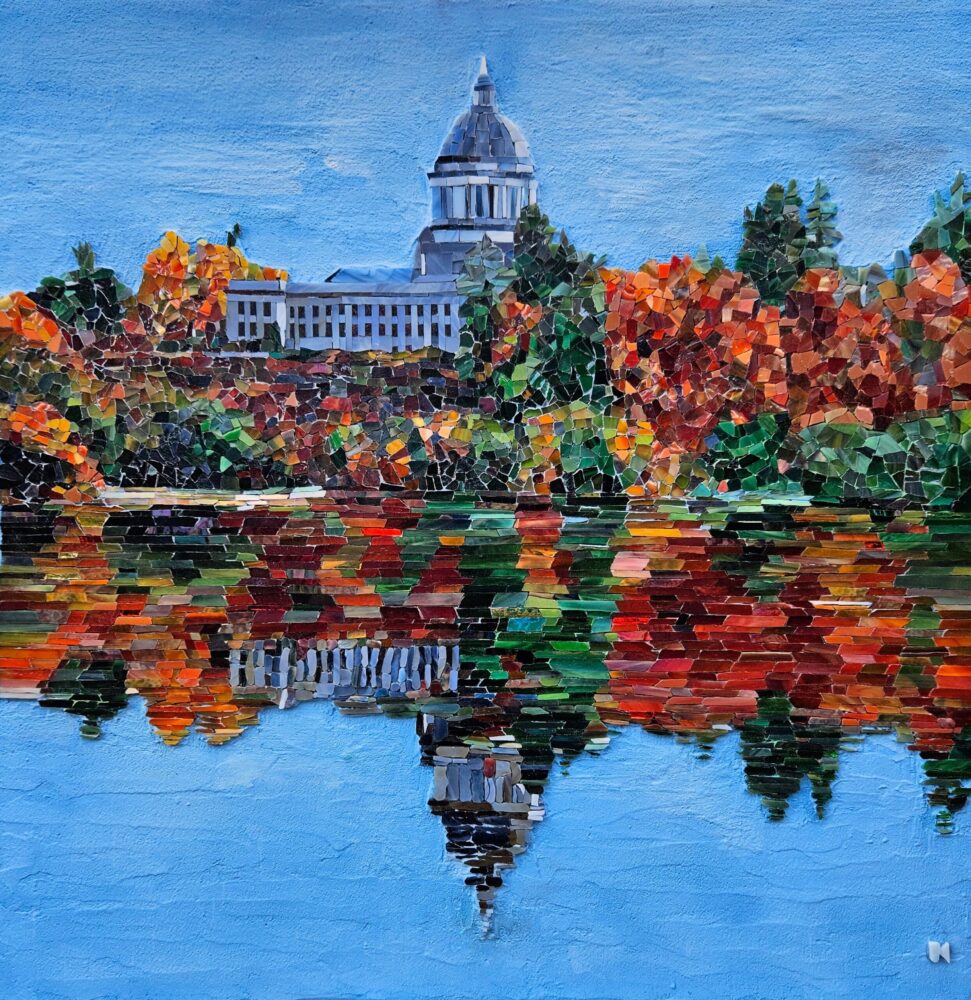 Stained glass mosaic depicting photorealistic image of Capital Lake in fall colors