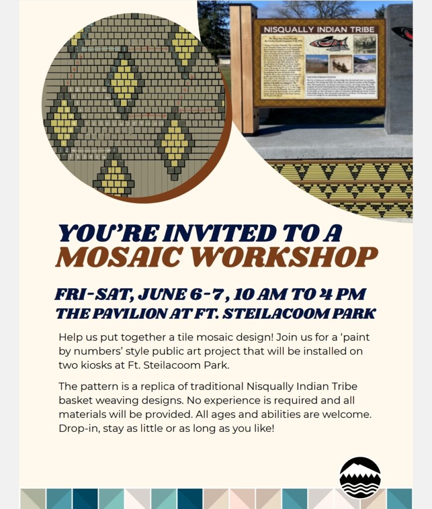 Invitation to Mosaic Workshop community art event in fort Steilacoom Park, Lakewood, WA June 6/7.