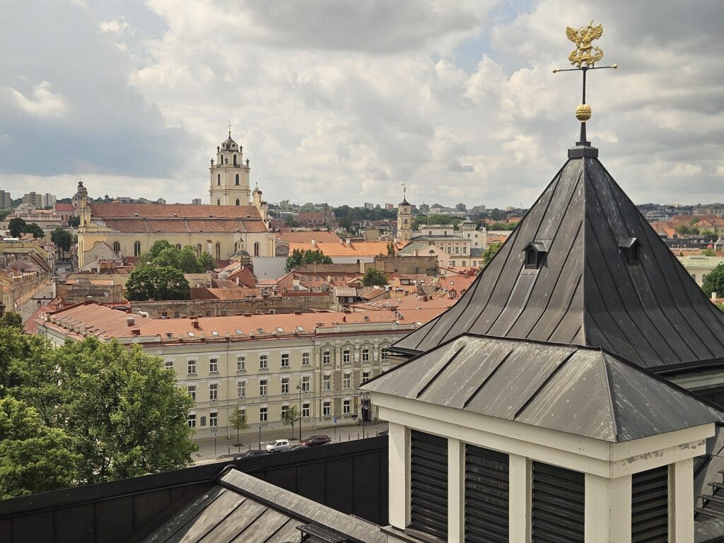 Vilnius Skyline seen from a tower. Actually, our apartment was in the attic of a building/complex overshadowed by the church on the left. Anouk could see us from the window.
